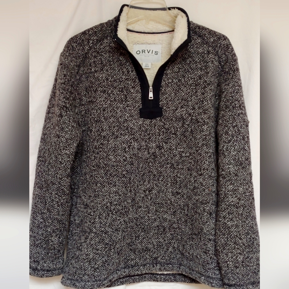 Orvis Sherpa Lined Fleece 1/4 Zip Pullover Sweater Size Med  Black/ White